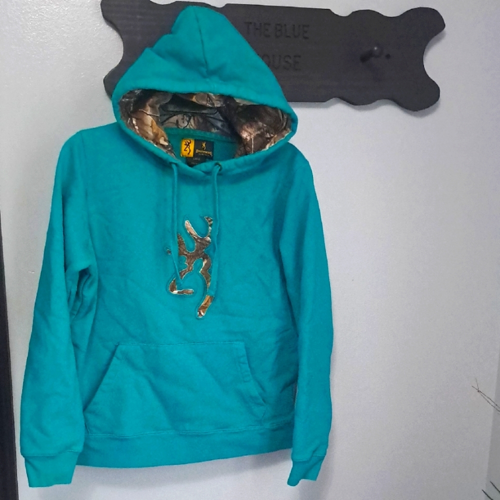 Browning Womens Teal Hoodie Camo Lining  Fleece Sweatshirt Sz Large